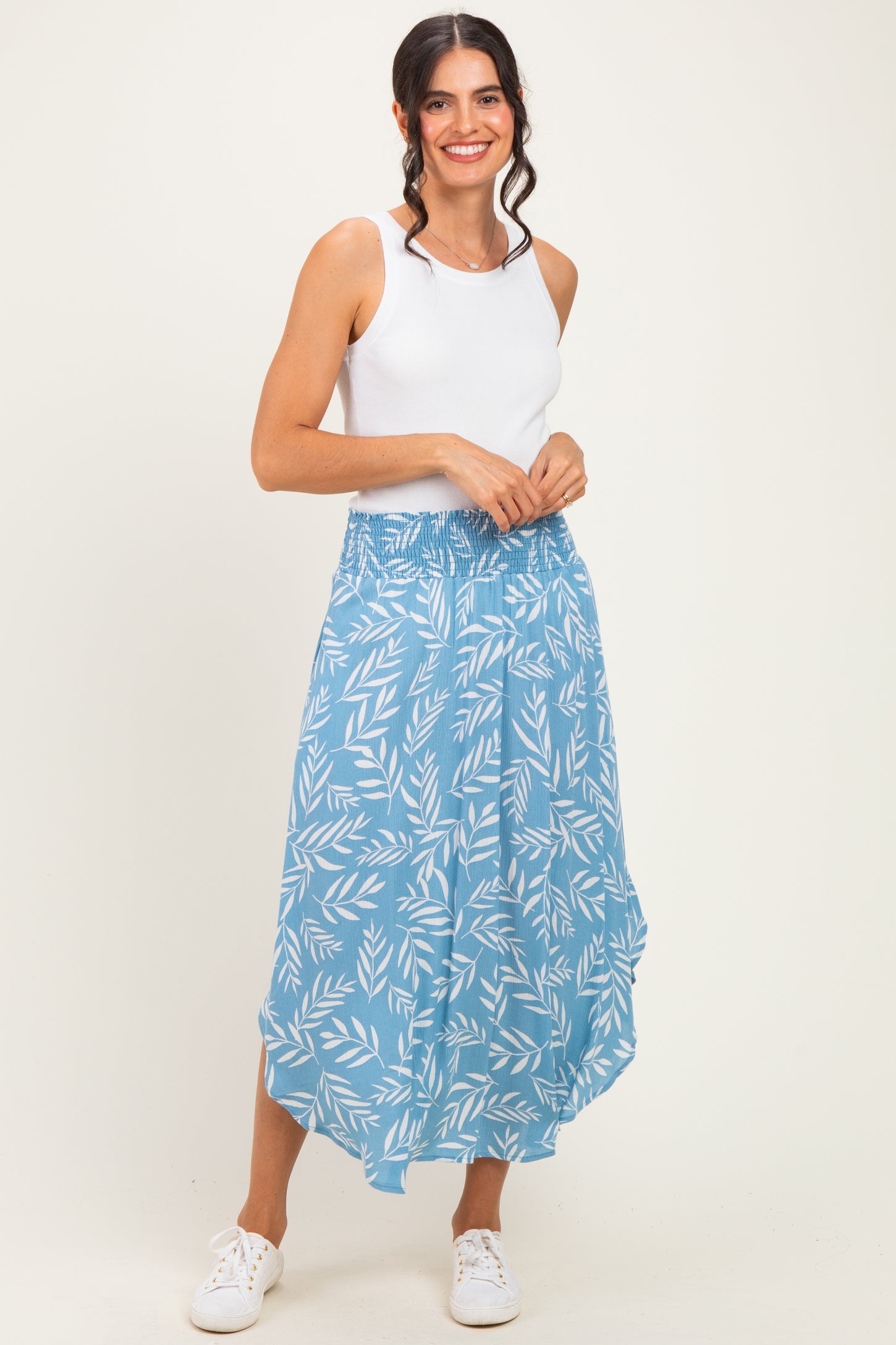 Light Blue Printed Smocked Waistband Maternity Skirt