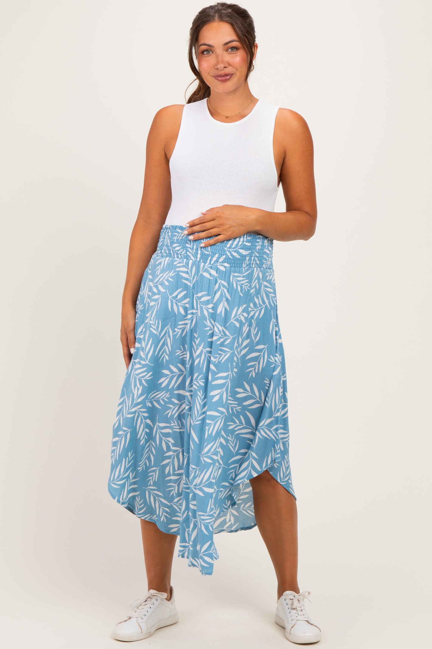 Light Blue Printed Smocked Waistband Maternity Skirt