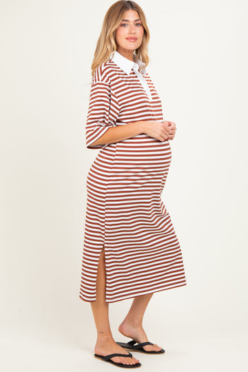 Brown Striped Oversized Maternity Polo Dress