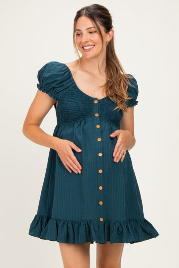 Dark Green Gingham Button Accent Maternity Mini Dress