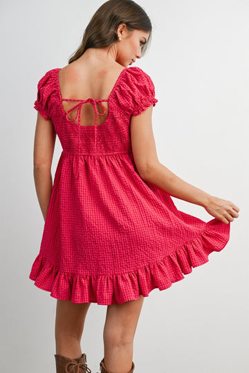 Fuchsia Gingham Button Accent Mini Dress