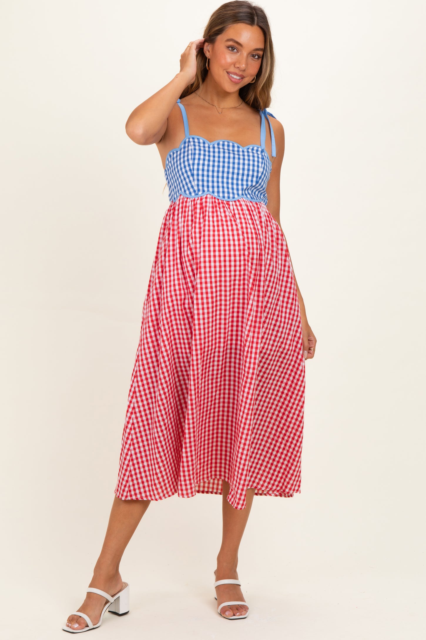 Red Gingham Colorblock Scallop Trim Maternity Midi Dress