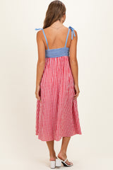 Red Gingham Colorblock Scallop Trim Maternity Midi Dress