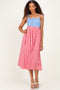Red Gingham Colorblock Scallop Trim Midi Dress
