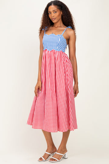 Red Gingham Colorblock Scallop Trim Midi Dress