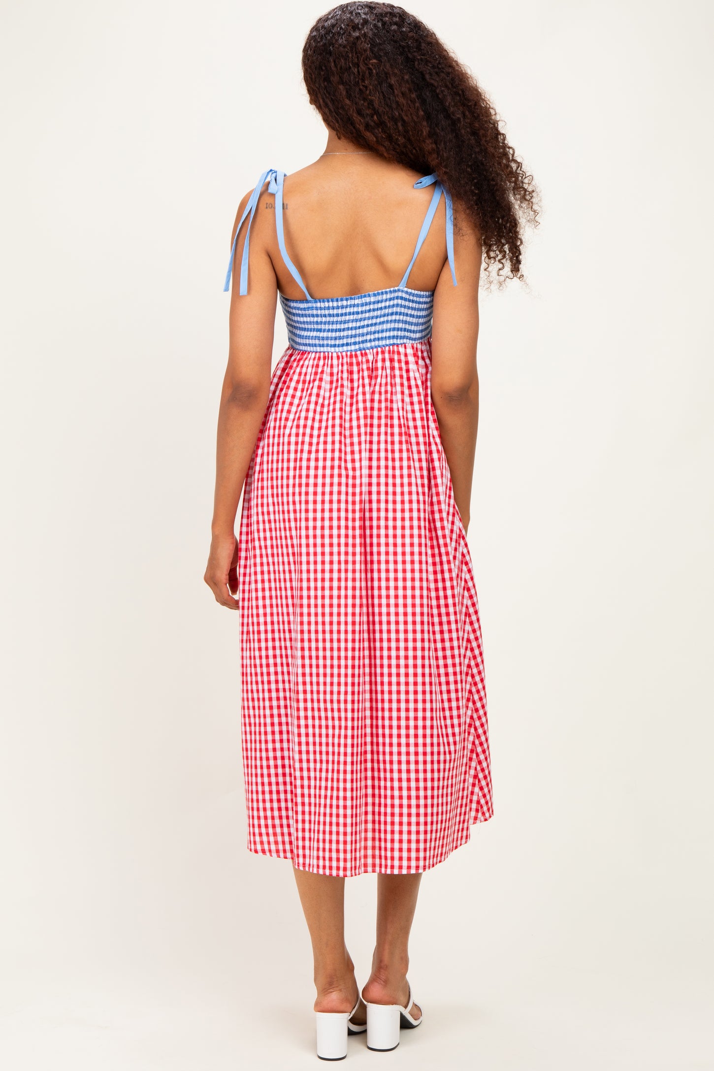 Red Gingham Colorblock Scallop Trim Midi Dress
