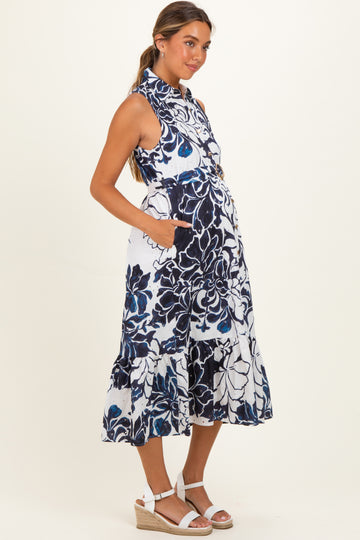 Navy Floral Belted Sleeveless Maternity Shirt Dress