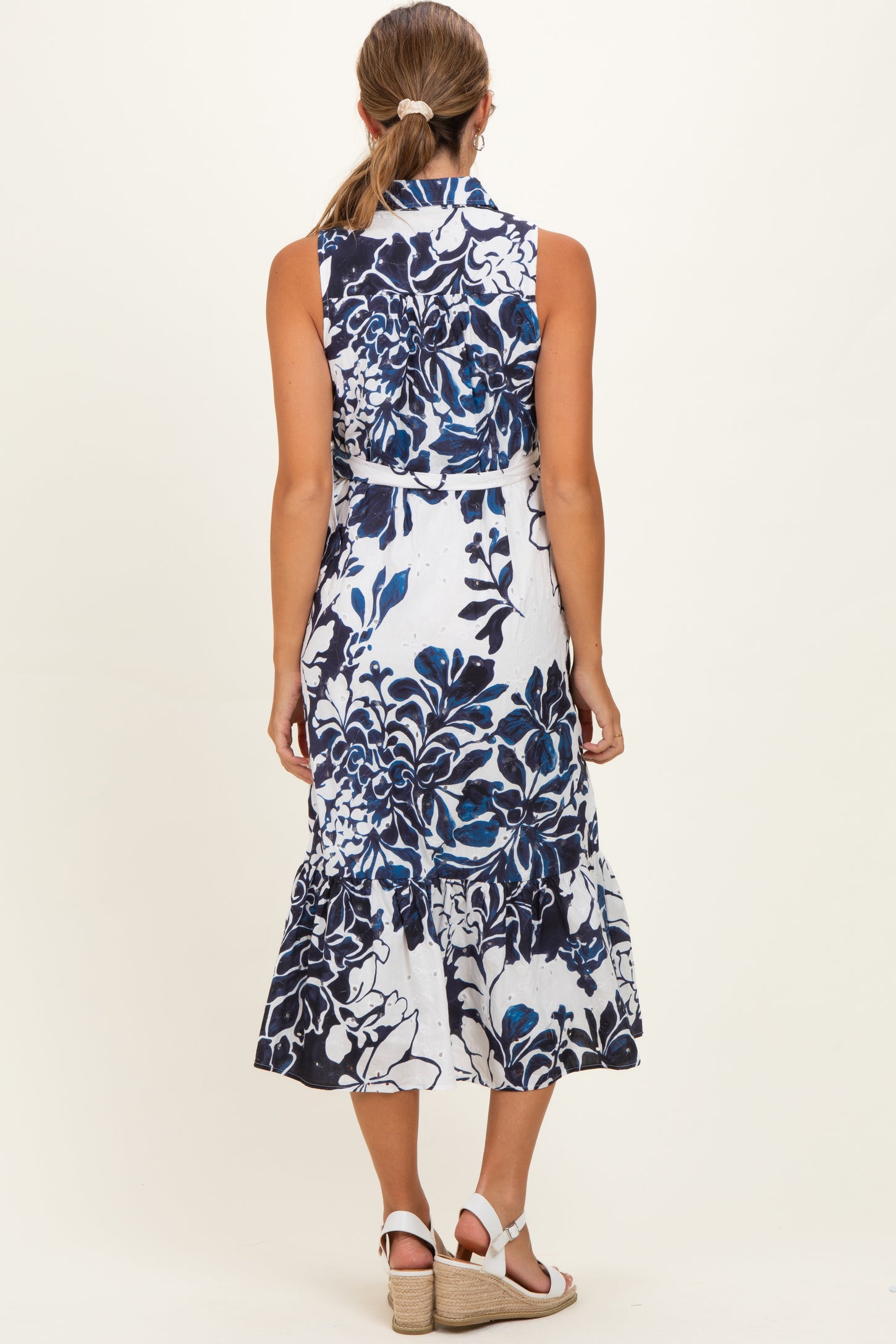 Navy Floral Belted Sleeveless Maternity Shirt Dress