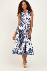 Navy Floral Belted Sleeveless Shirt Dress