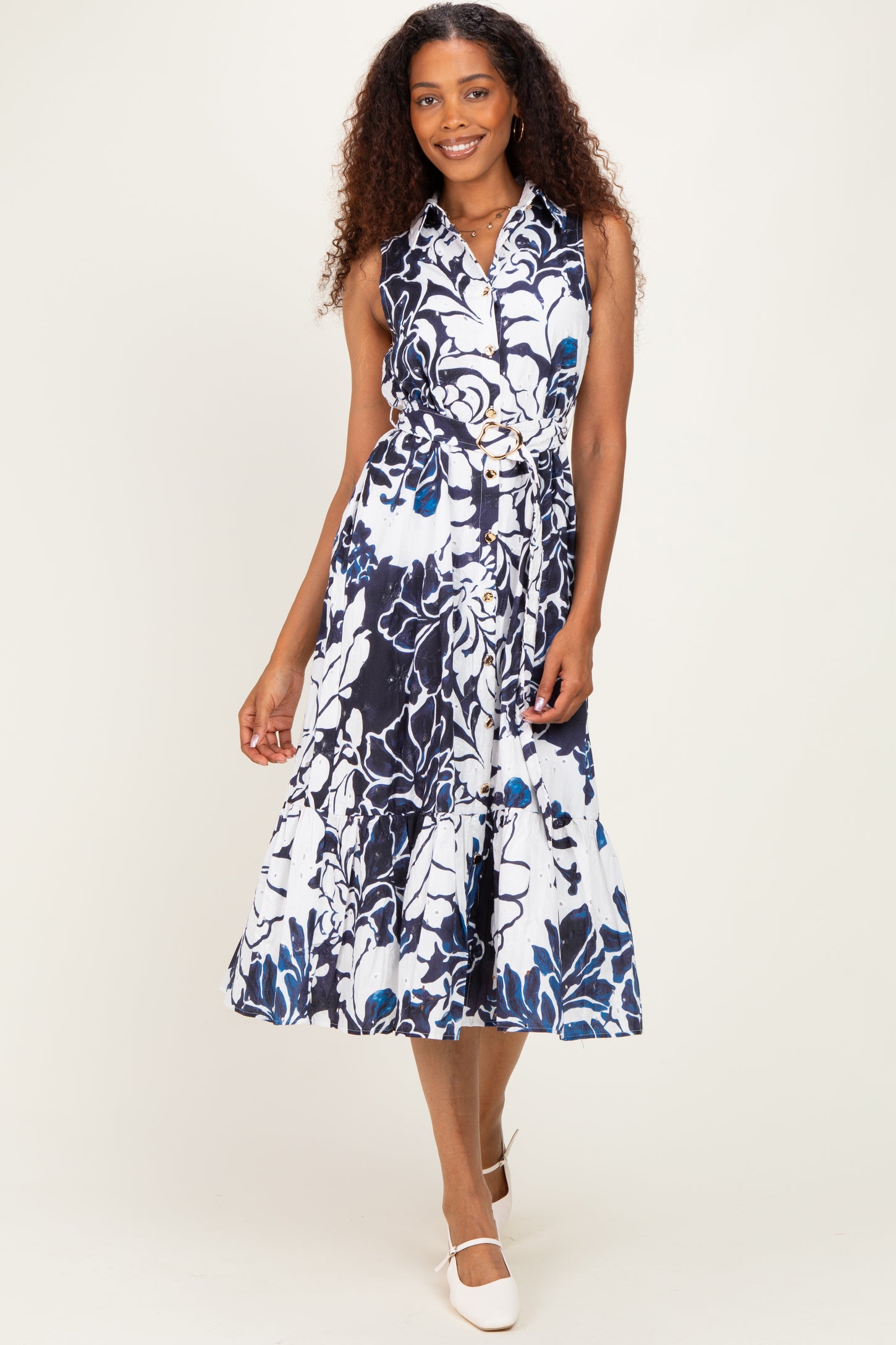 Navy Floral Belted Sleeveless Maternity Shirt Dress