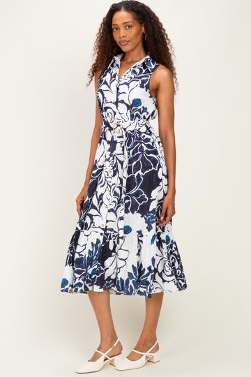 Navy Floral Belted Sleeveless Shirt Dress
