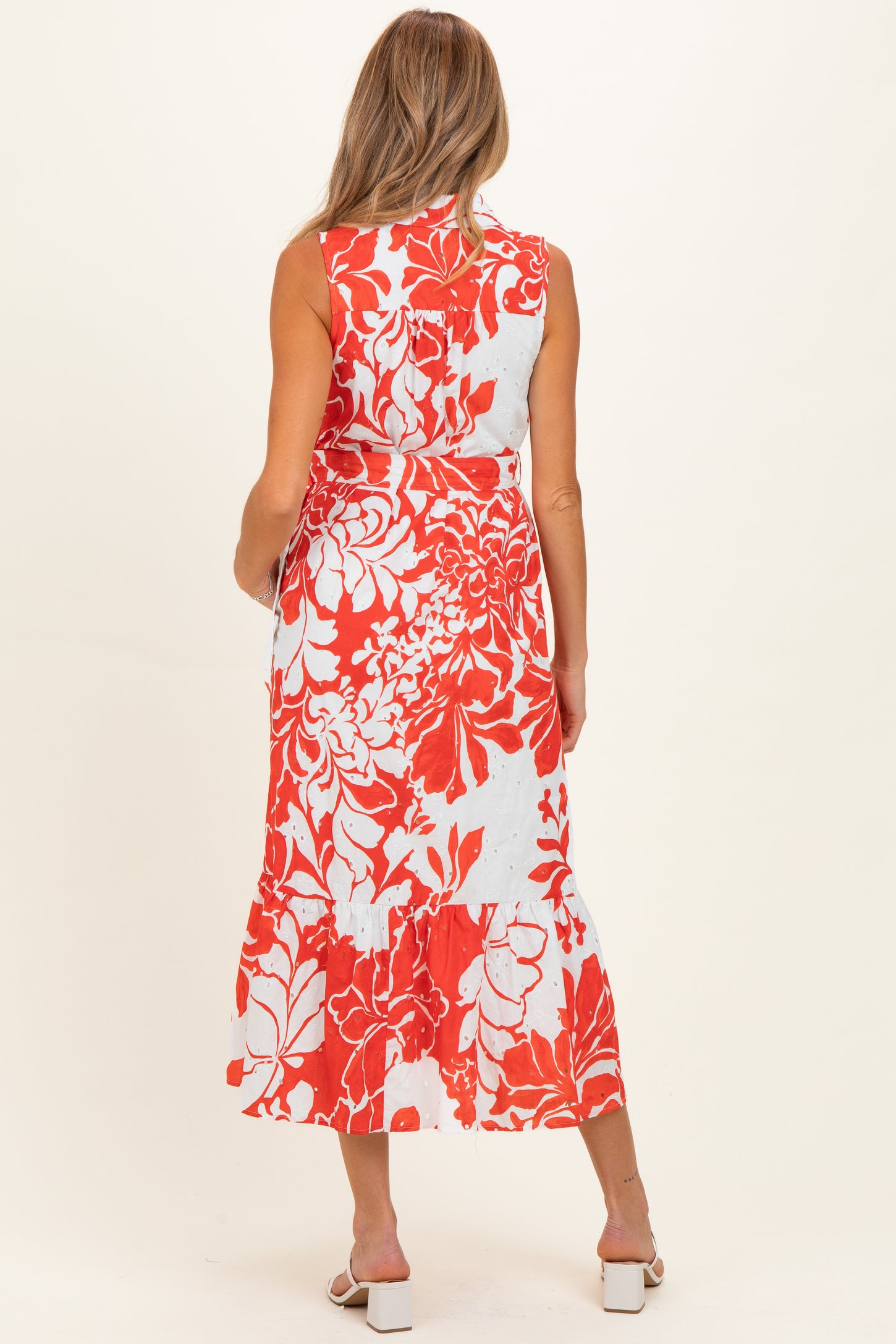Red Floral Belted Sleeveless Maternity Shirt Dress