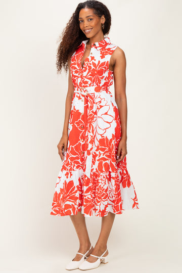 Red Floral Belted Sleeveless Shirt Dress