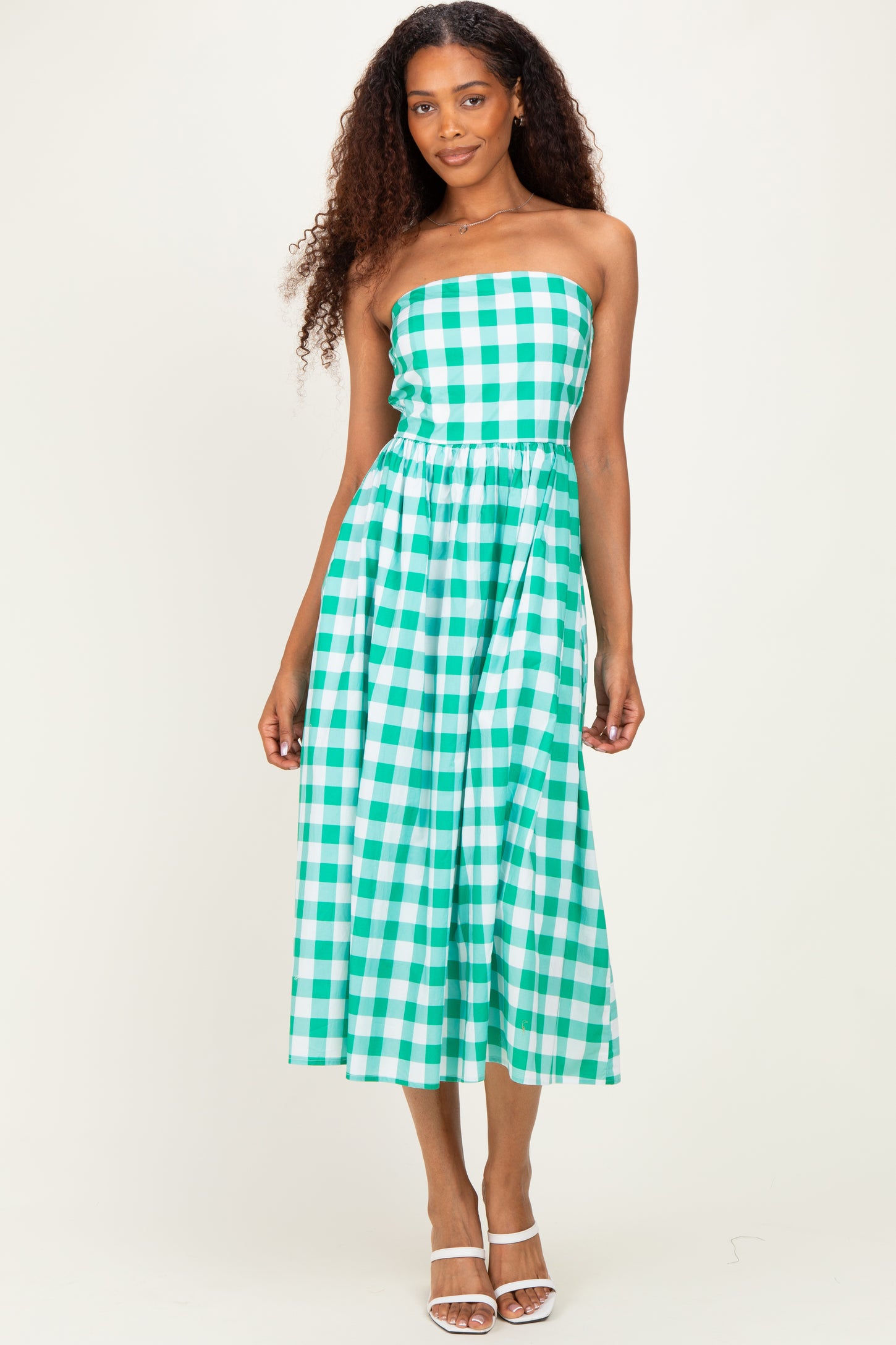 Green Gingham Strapless Midi Dress
