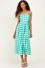 Green Gingham Strapless Midi Dress