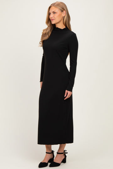 Black Ruffle Mock Neck Long Sleeve Midi Dress
