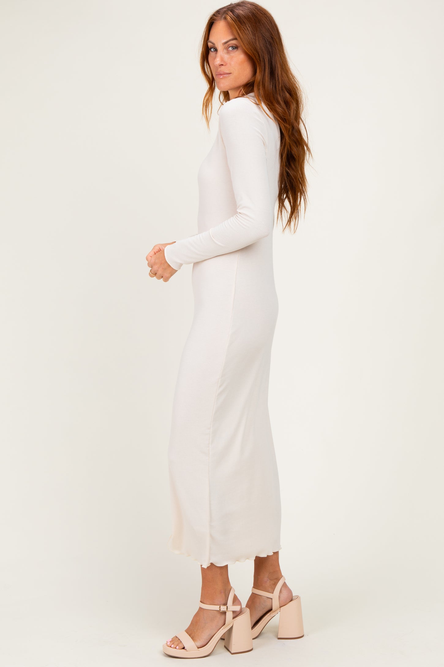 Cream Ruffle Mock Neck Long Sleeve Midi Dress