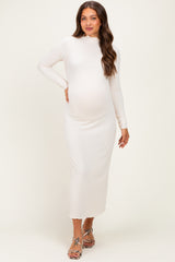 Cream Ruffle Mock Neck Long Sleeve Maternity Midi Dress