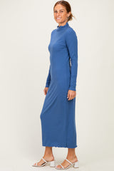 Navy Ruffle Mock Neck Long Sleeve Midi Dress