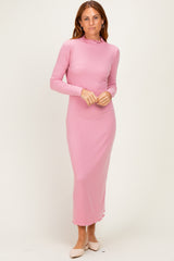 Mauve Ruffle Mock Neck Long Sleeve Maternity Midi Dress