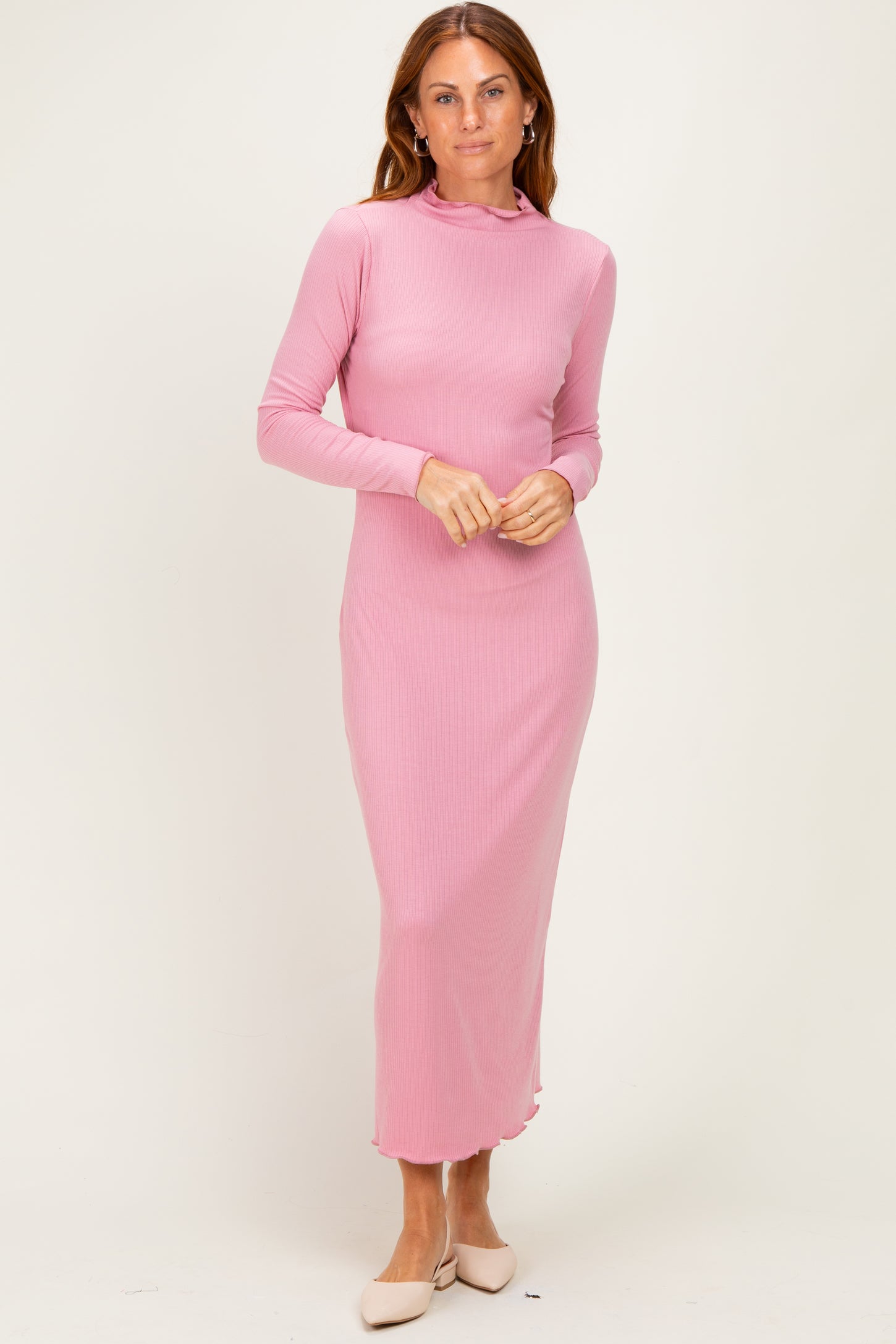 Mauve Ruffle Mock Neck Long Sleeve Midi Dress