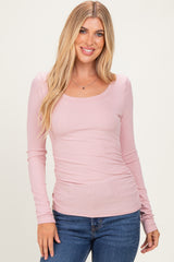 Pink Ribbed Ruched Long Sleeve Top