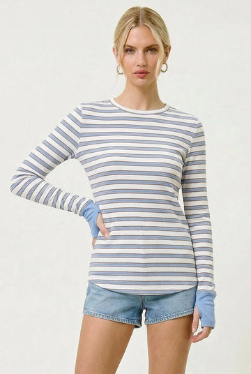 Blue Striped Rib Long Sleeve Fitted Top
