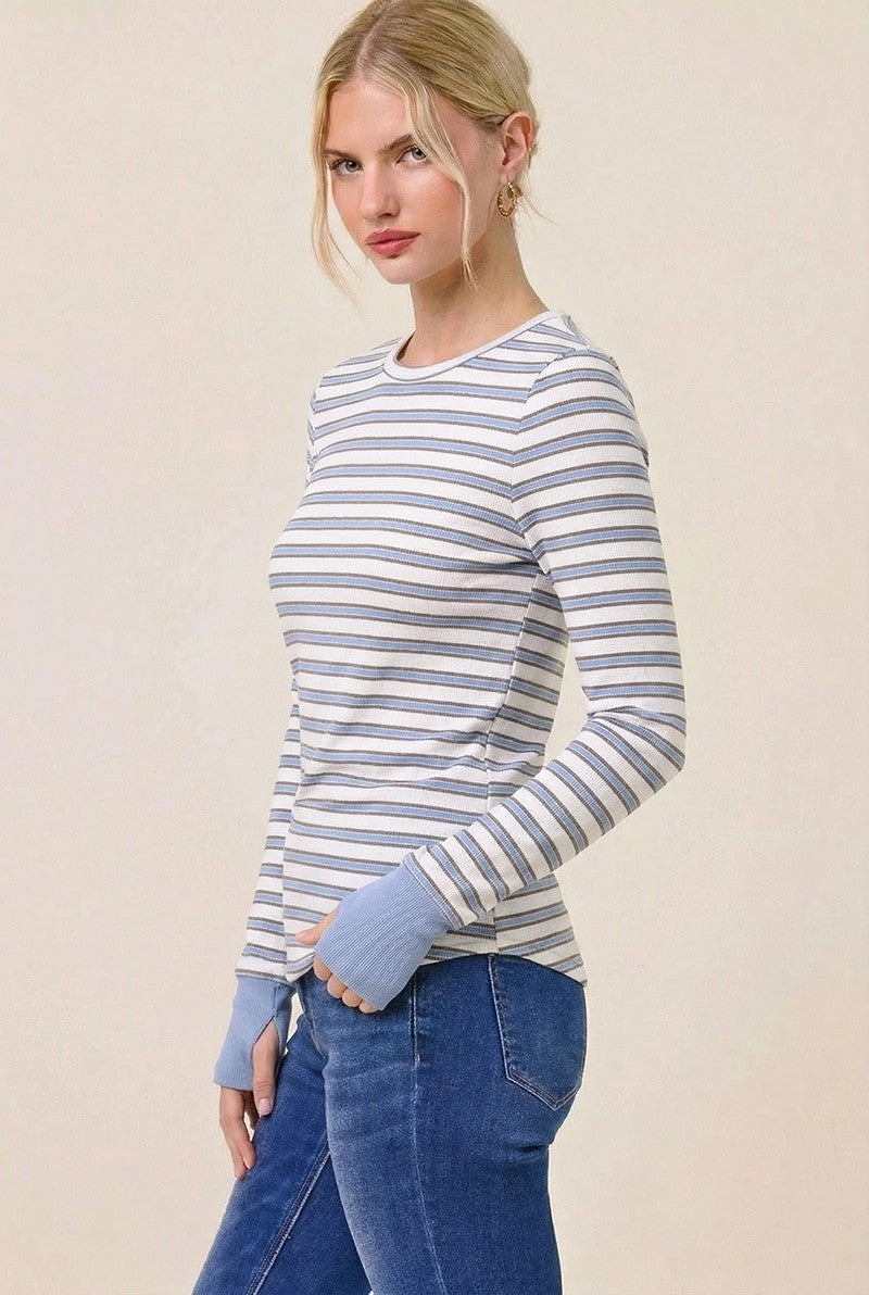 Blue Striped Rib Long Sleeve Fitted Maternity Top