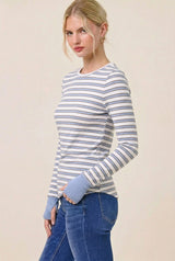 Blue Striped Rib Long Sleeve Fitted Maternity Top