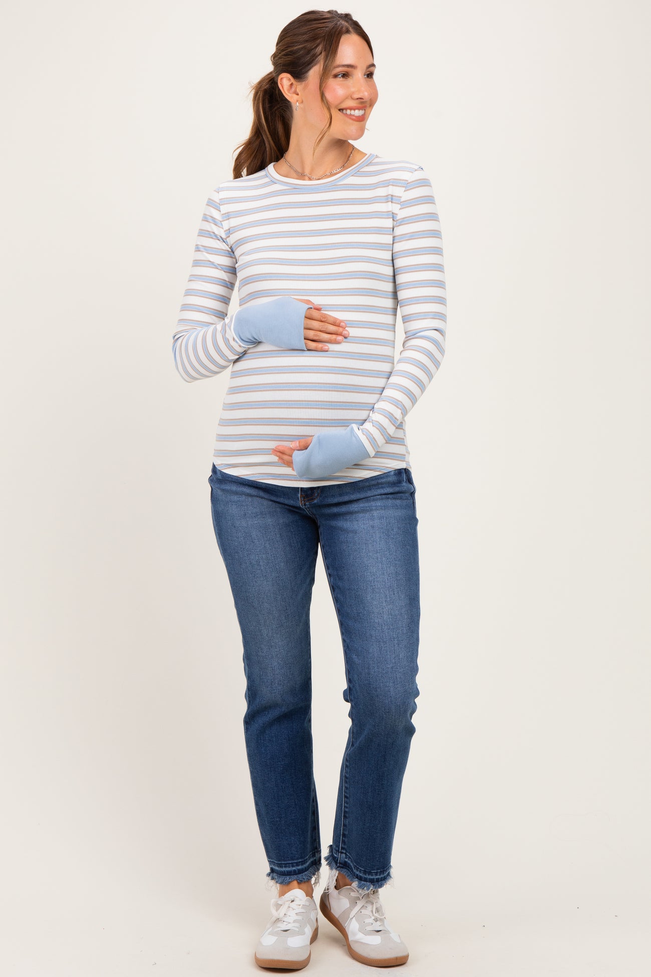 Blue Striped Rib Long Sleeve Fitted Maternity Top