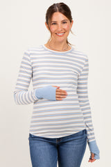Blue Striped Rib Long Sleeve Fitted Maternity Top