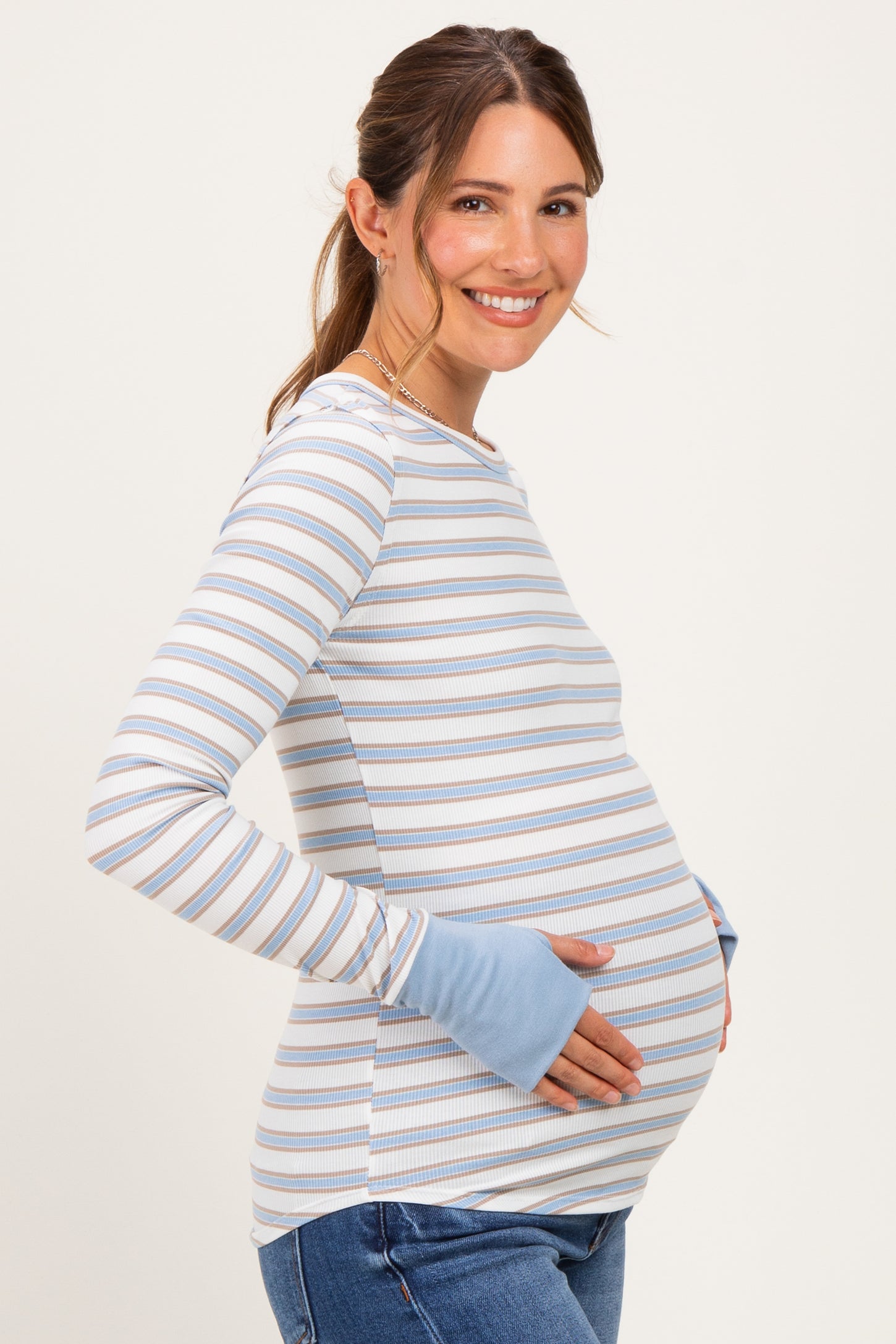 Blue Striped Rib Long Sleeve Fitted Maternity Top