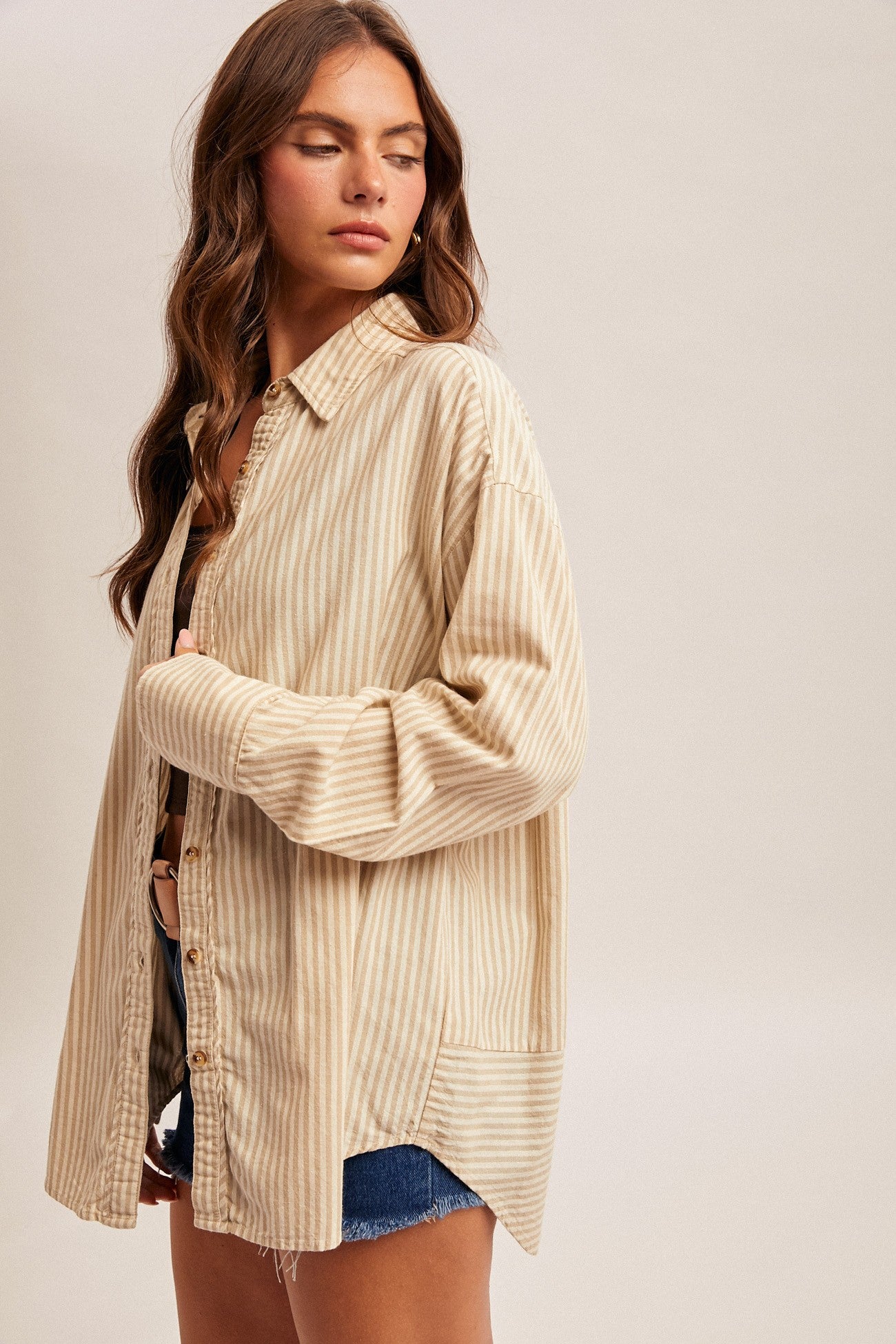 Beige Oversized Striped Button Down Long Sleeve Maternity Shirt