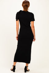 Black Tie Neck Short Sleeve Knit Dress