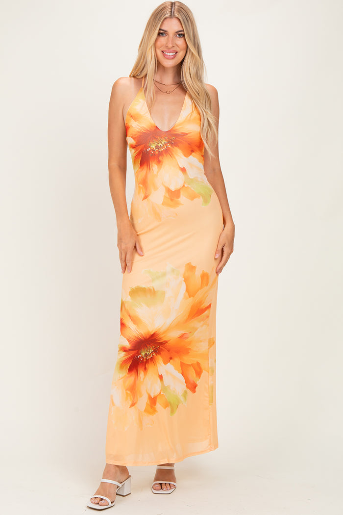 Peach Floral Deep V-Neck Maternity Maxi Dress