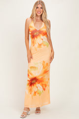 Peach Floral Deep V-Neck Maxi Dress