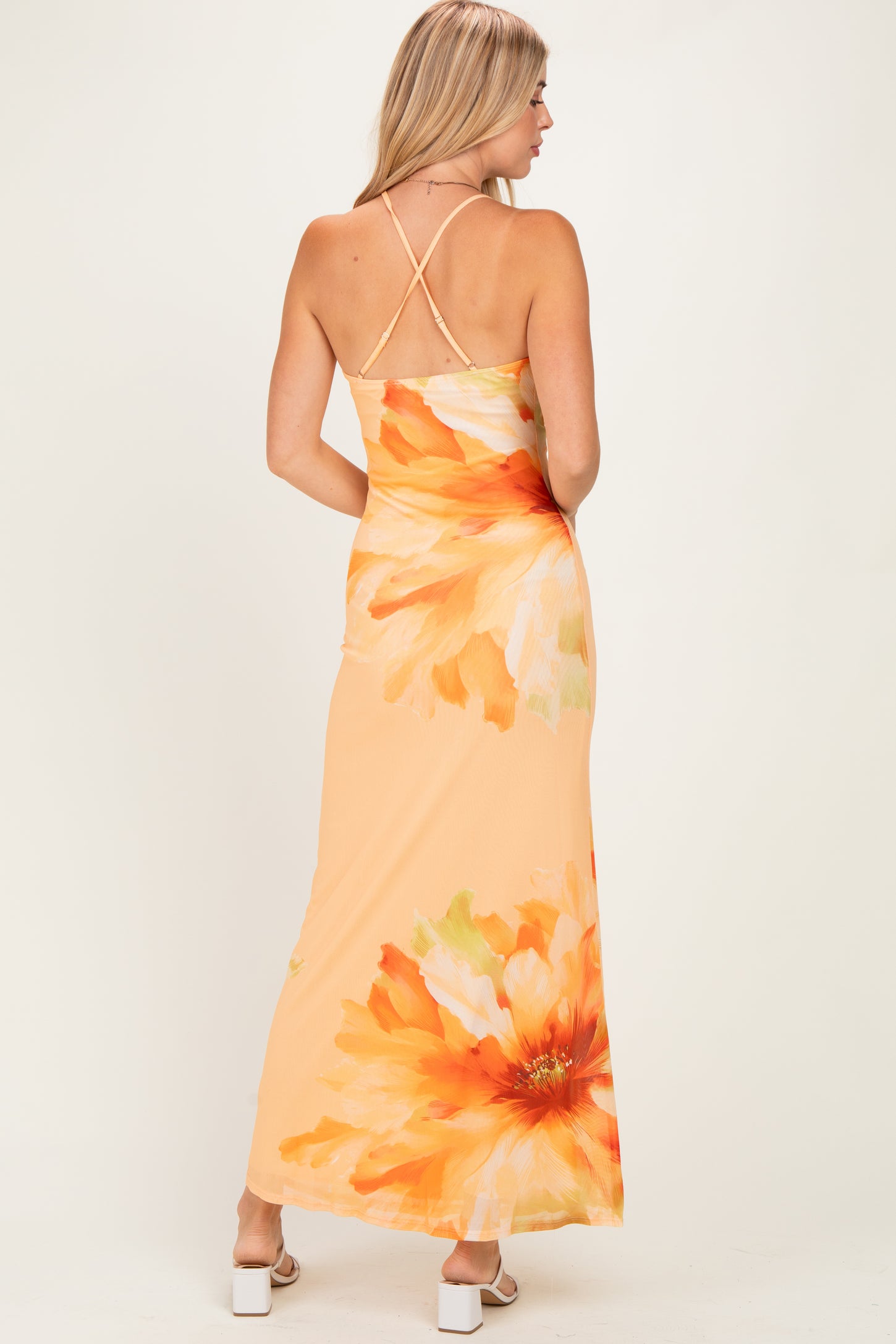 Peach Floral Deep V-Neck Maxi Dress