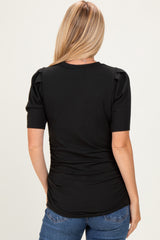 Black Ribbed Ruched Fitted Top