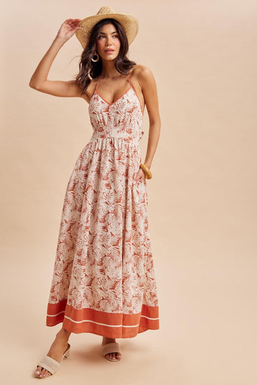 Terracotta Printed Cutout Tie Back Maxi Dress