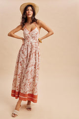 Terracotta Printed Cutout Tie Back Maxi Dress