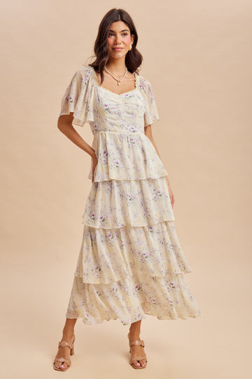 Lemon Floral Flounce Tiered Maxi Dress