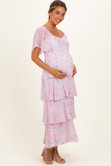 Sweet Pink Floral Flounce Tiered Maternity Maxi Dress