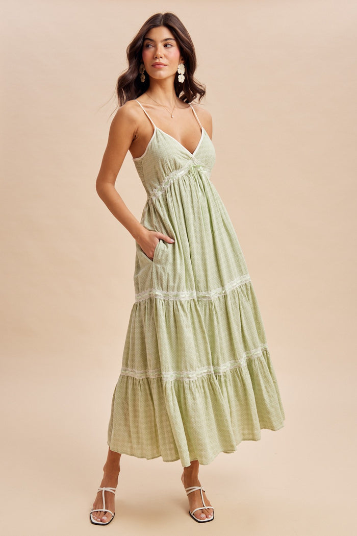 Mint Cream Printed Lace Tiered Maternity Maxi Dress