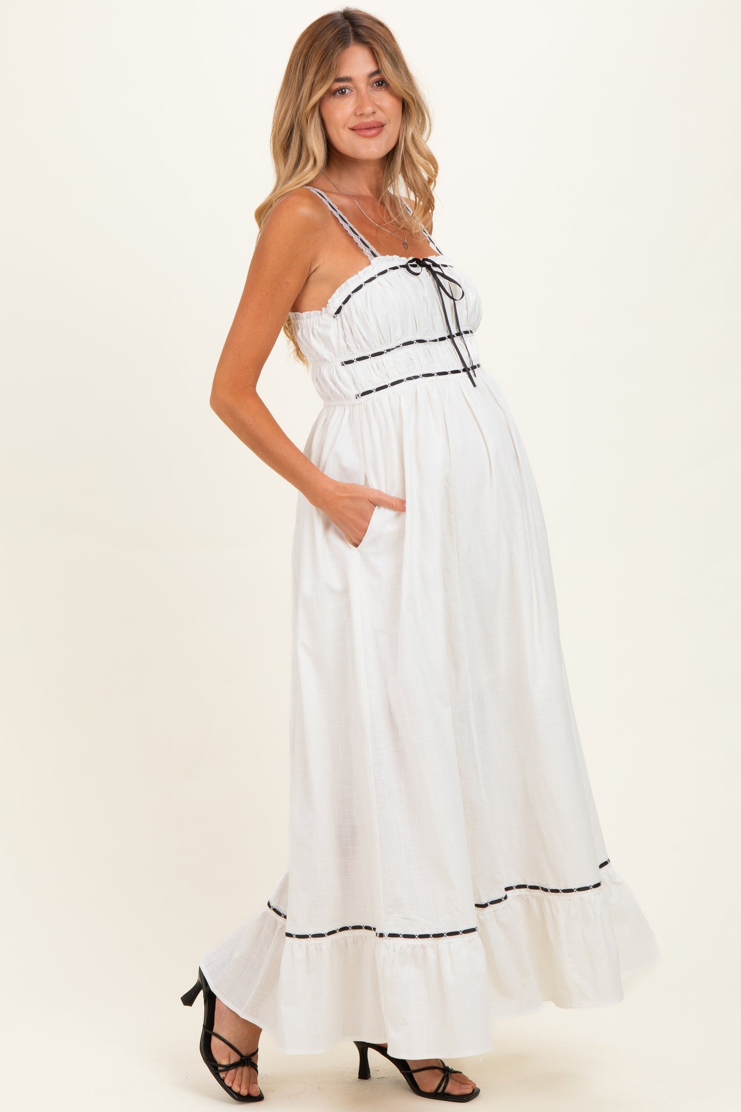 Off-White Lace Ribbon Detail Maternity Maxi Dress