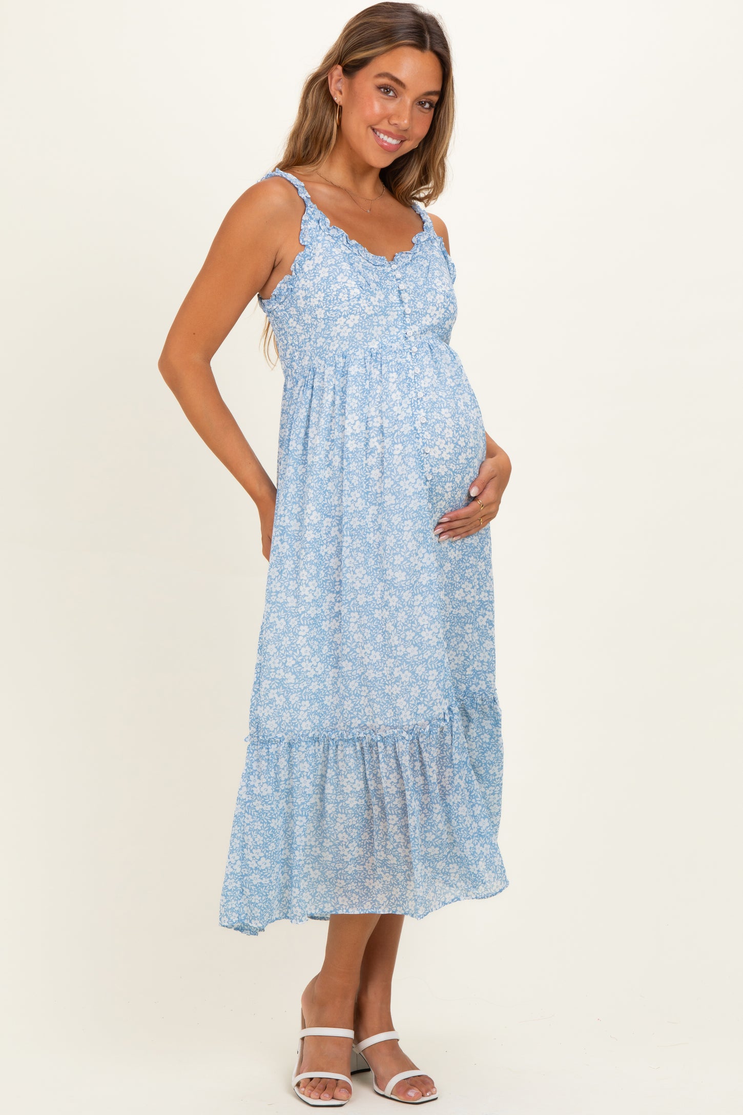 Cornflower Blue Floral Ruffle Strap Button Down Maternity Dress