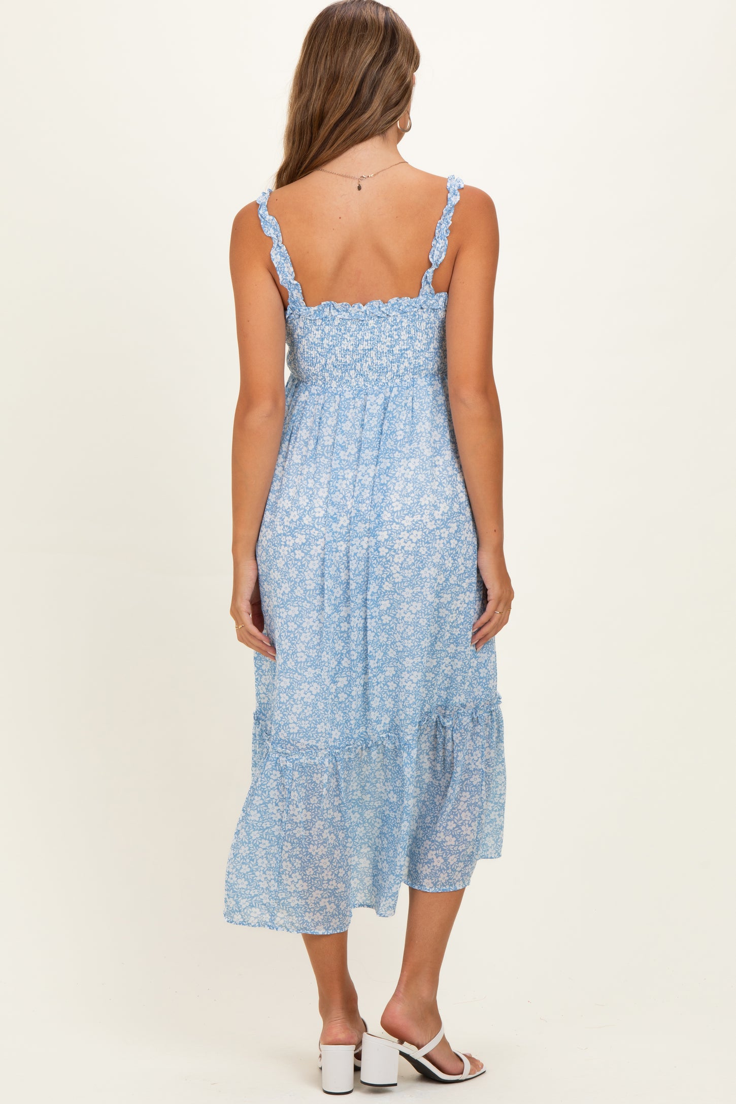 Cornflower Blue Floral Ruffle Strap Button Down Maternity Dress