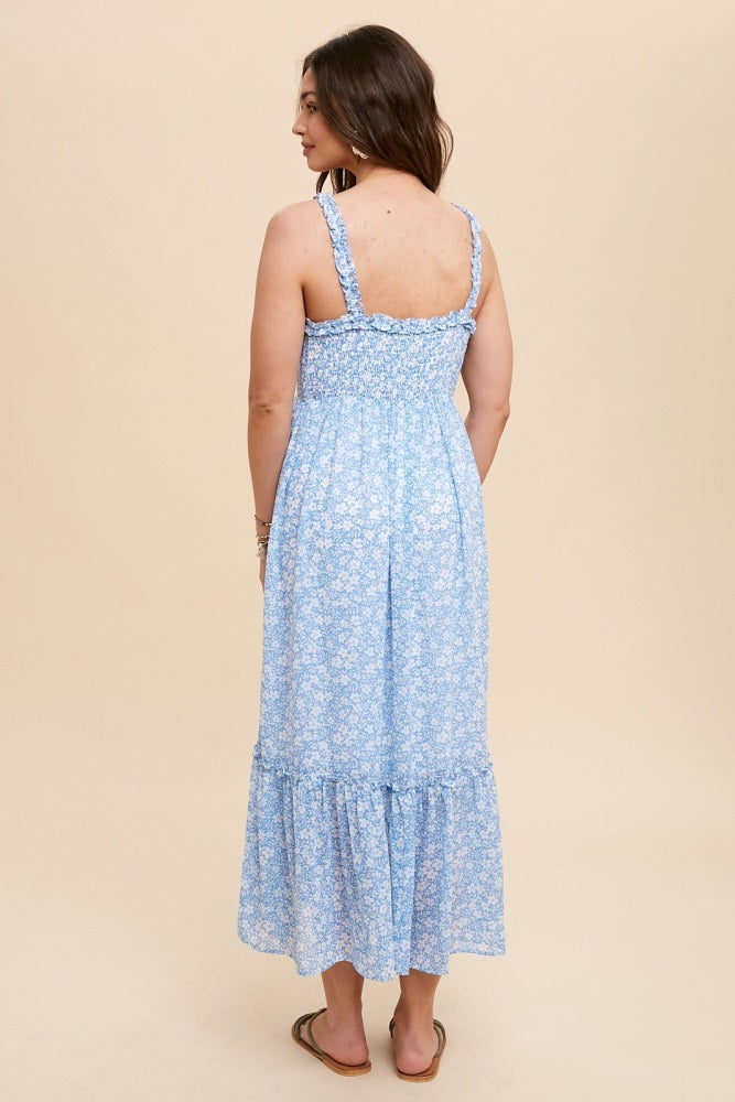 Cornflower Blue Floral Ruffle Strap Button Down Dress