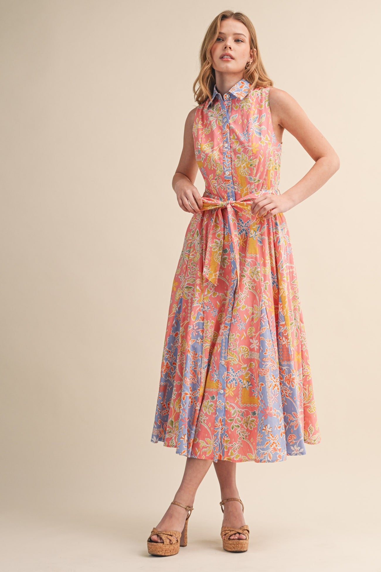 Peach Pink Colorblock Floral Button Down Maternity Midi Dress