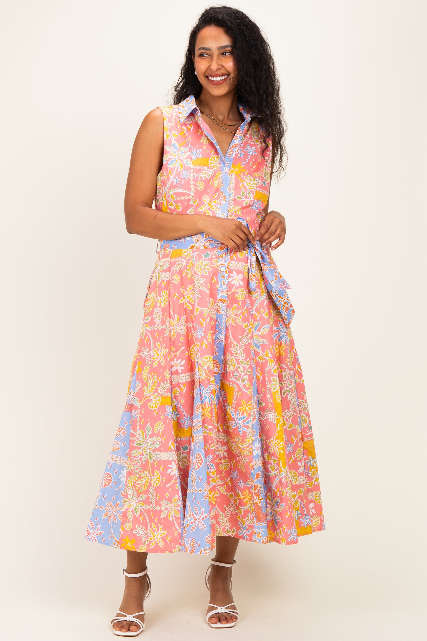 Peach Pink Colorblock Floral Button Down Maternity Midi Dress