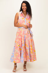 Peach Pink Colorblock Floral Button Down Maternity Midi Dress